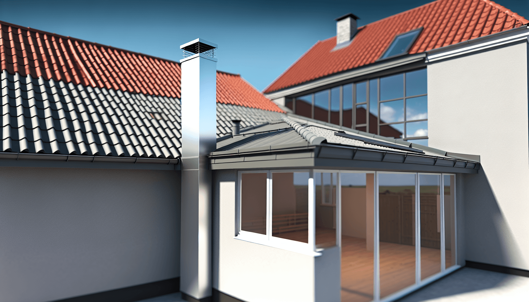 Moderne villa med nyinstalleret stålskorsten på taget