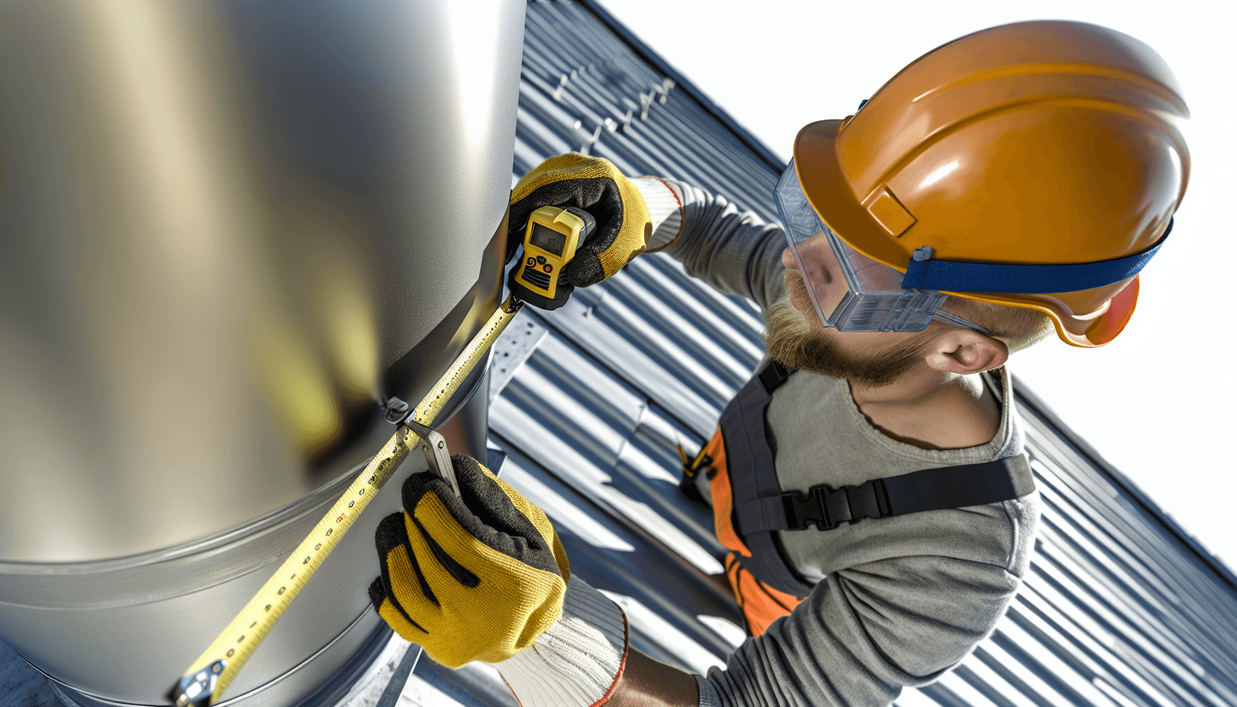 Håndværker måler diameter på stålskorsten