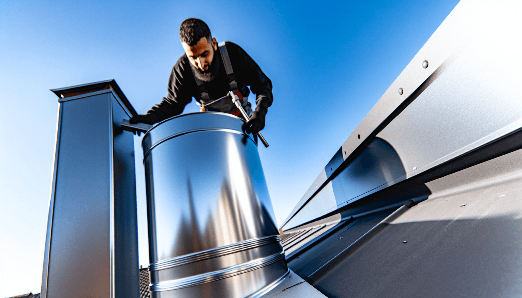 Skorstensfejer inspicerer stålskorsten ovenfra