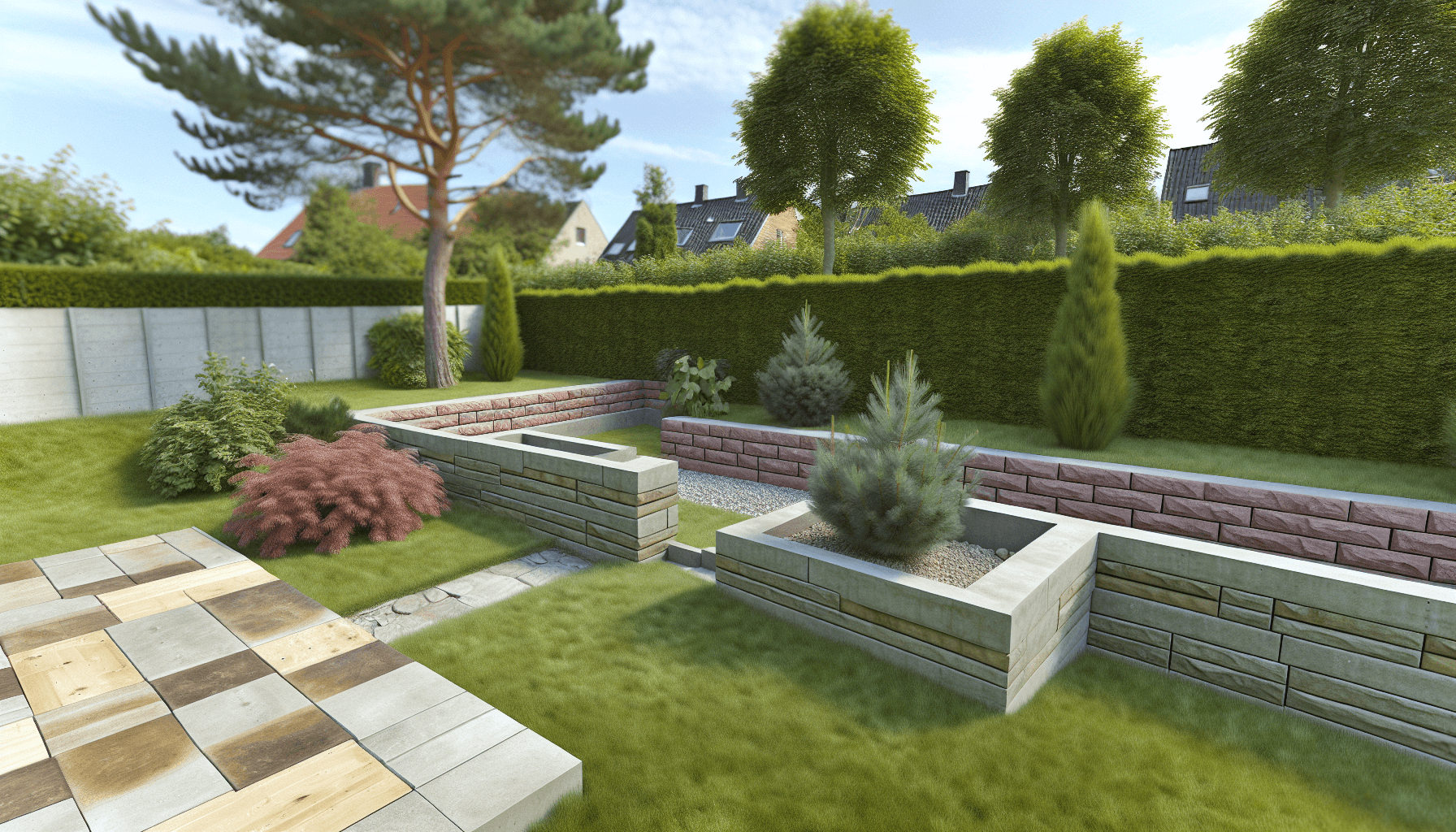 Moderne støttemur i dansk have med forskellige materialer
