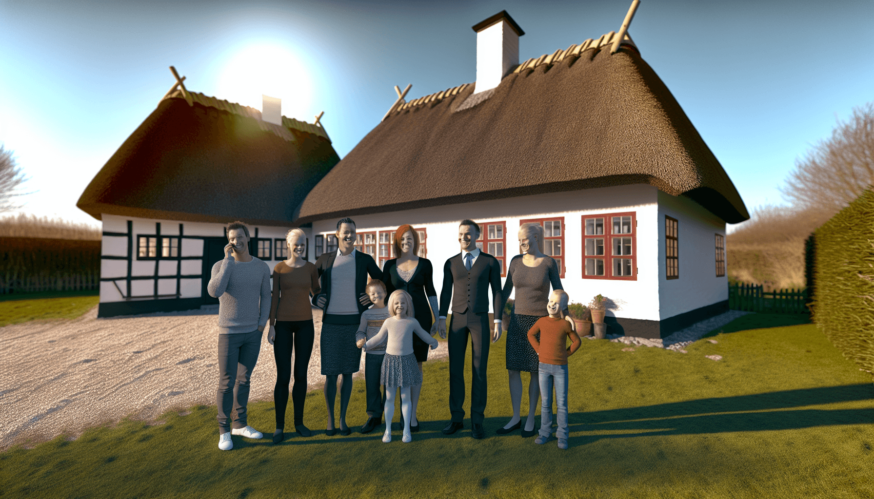 Familie foran hus med stråtag