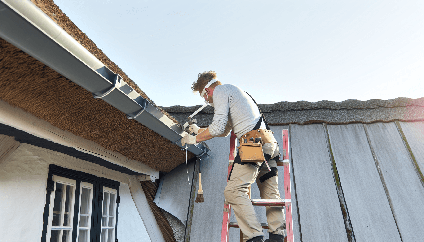 Vedligeholdelse af stråtag med rensning af tagrender