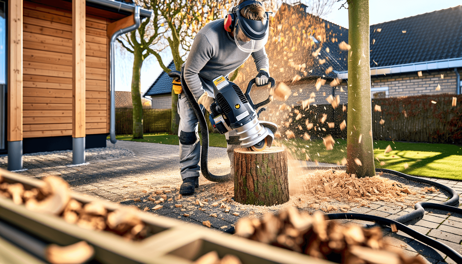 Professionel stubfræser i aktion i dansk have