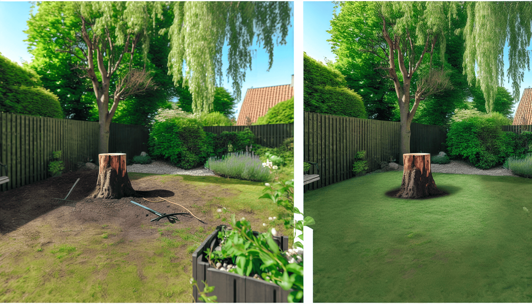 Før og efter billede af stubfræsning i dansk have