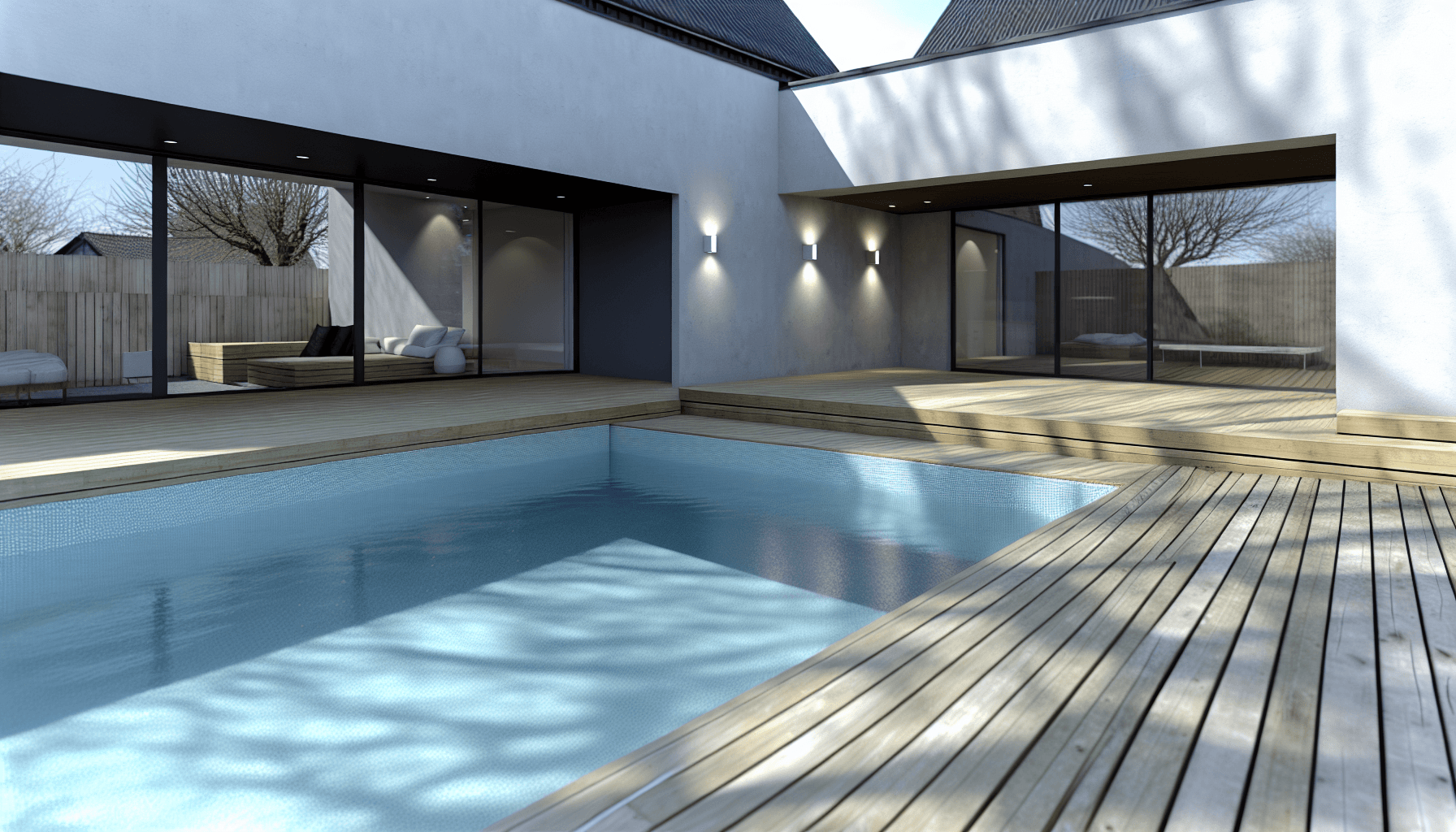 Moderne swimmingpool i dansk villa have med terrassedæk