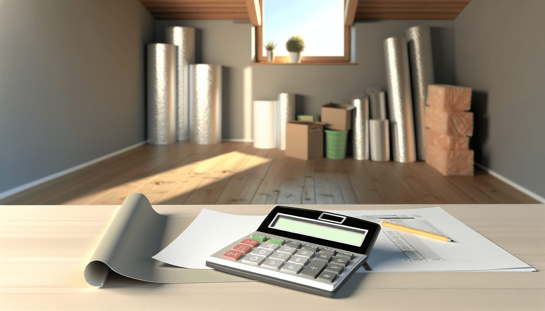 Pristabel og lommeregner på et bord med isoleringsmaterialer i baggrunden