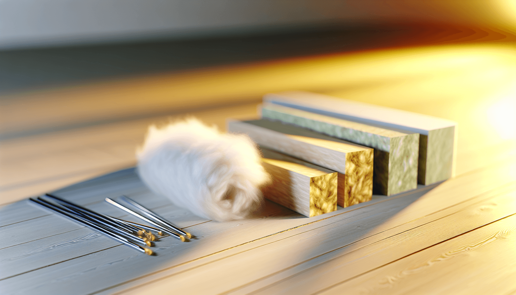 Forskellige isoleringsmaterialer arrangeret side om side til sammenligning