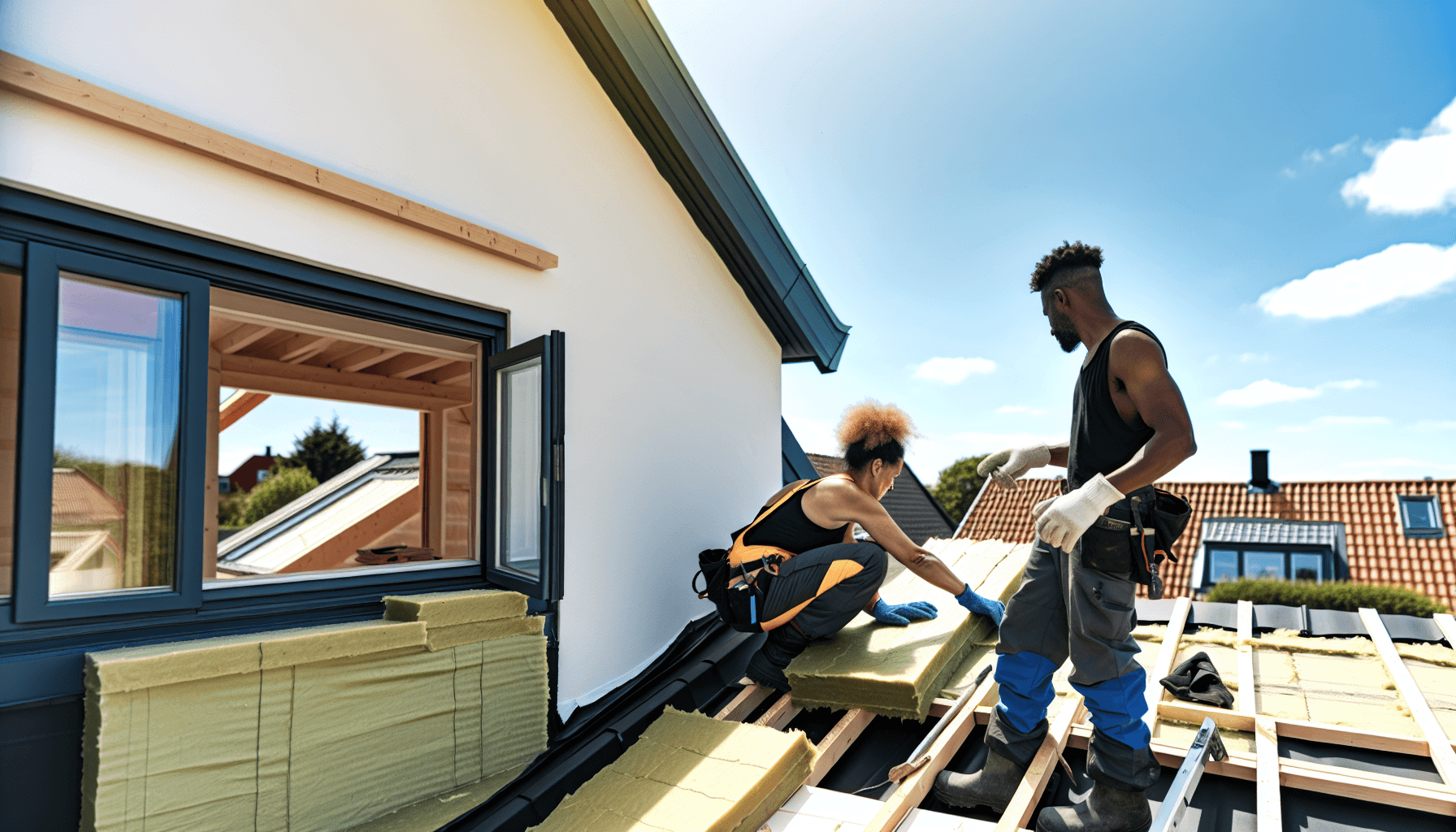 Håndværkere monterer udvendig tagisolering på et hus under renovation