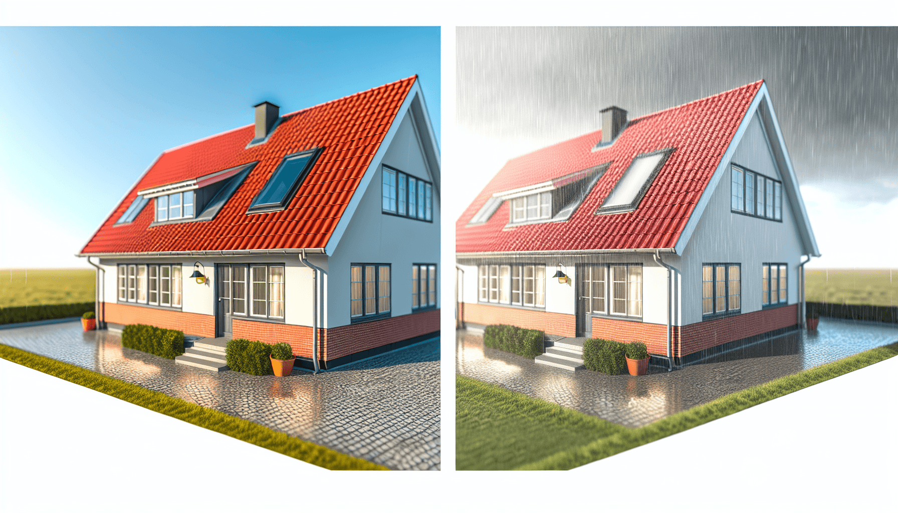 Dansk villa med nymalet tag i forskellige vejrforhold