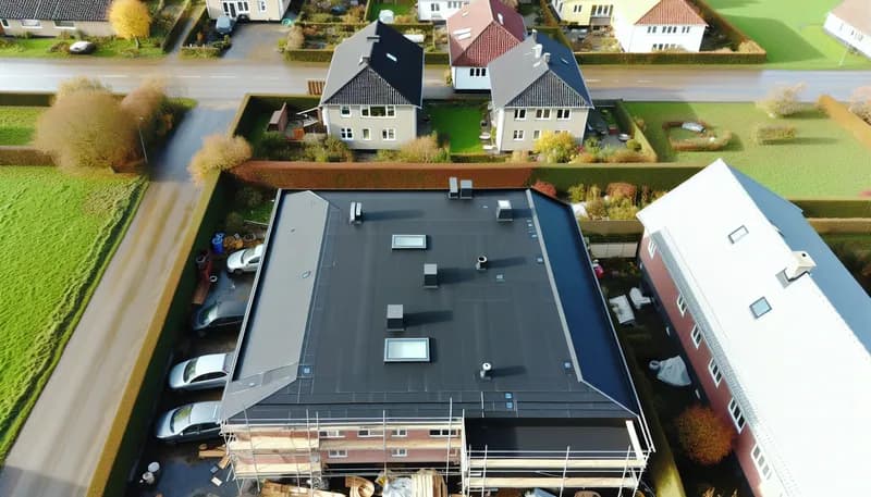 Færdigt tagpaptag på dansk bolig set fra luften