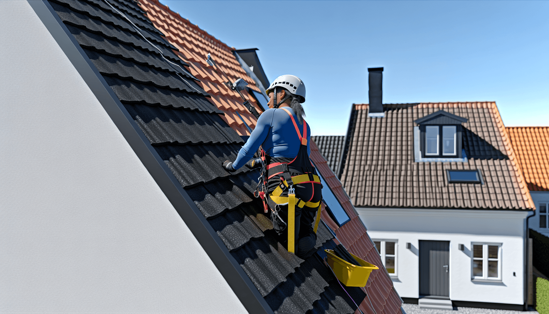 Håndværker lægger tagpap på villa tag
