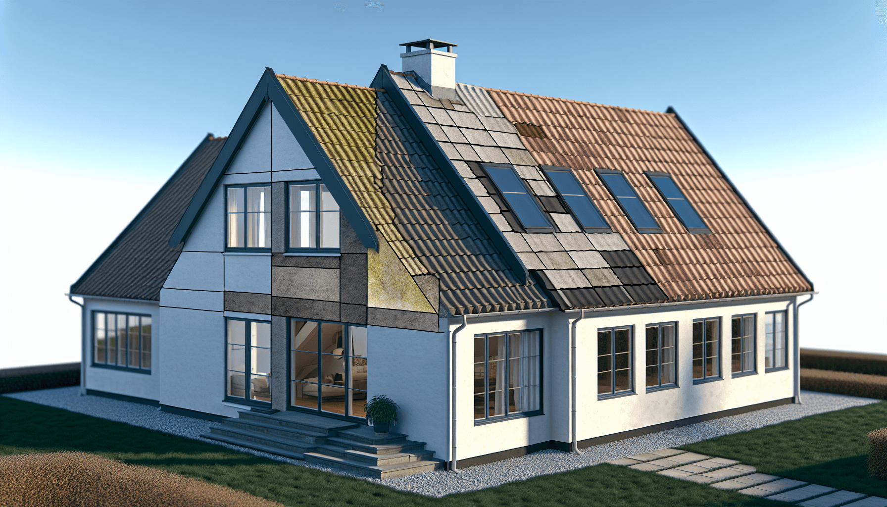 Villa med forskellige tagdækningsmaterialer