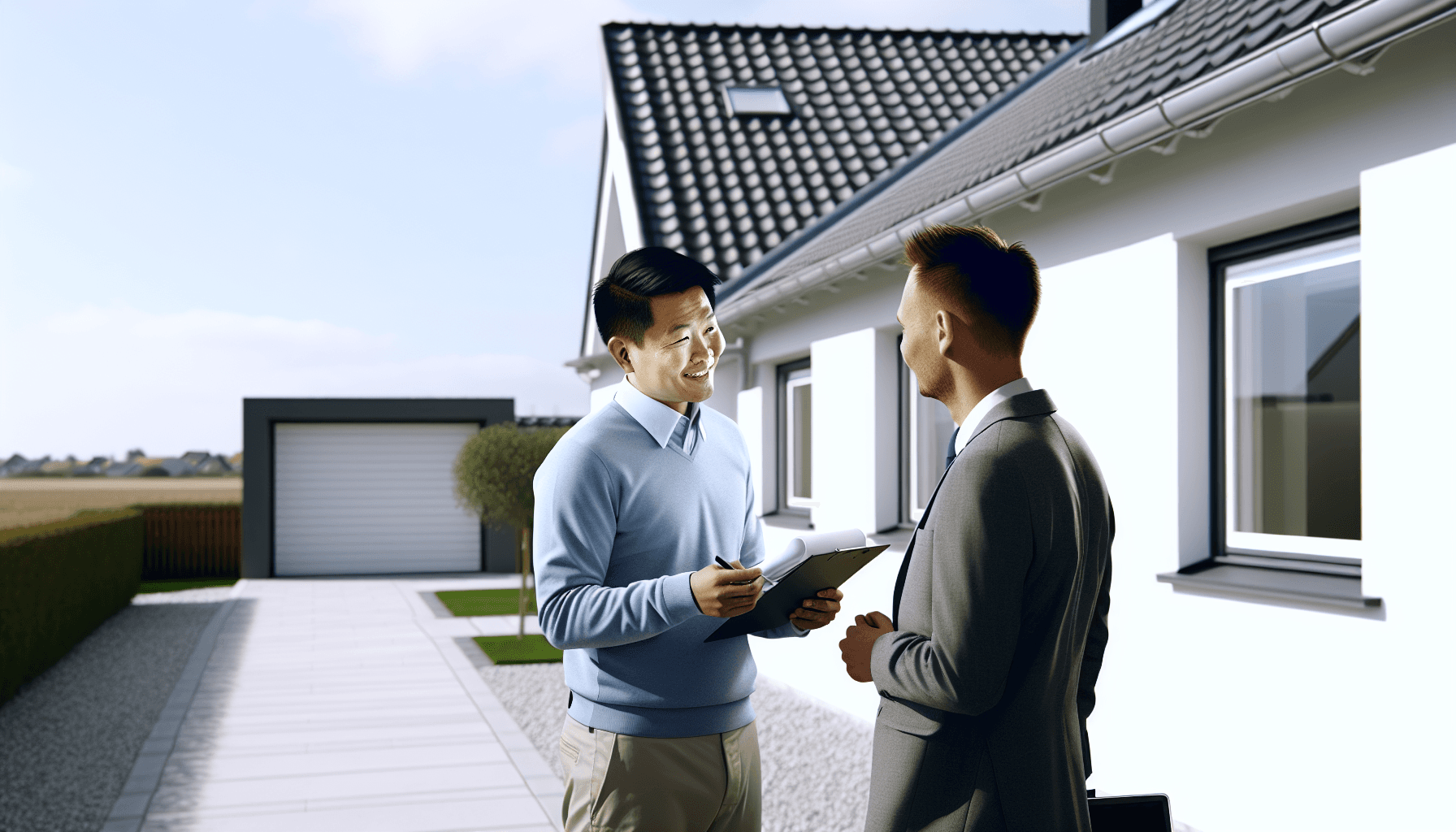 Håndværker giver tilbud til husejer foran villa