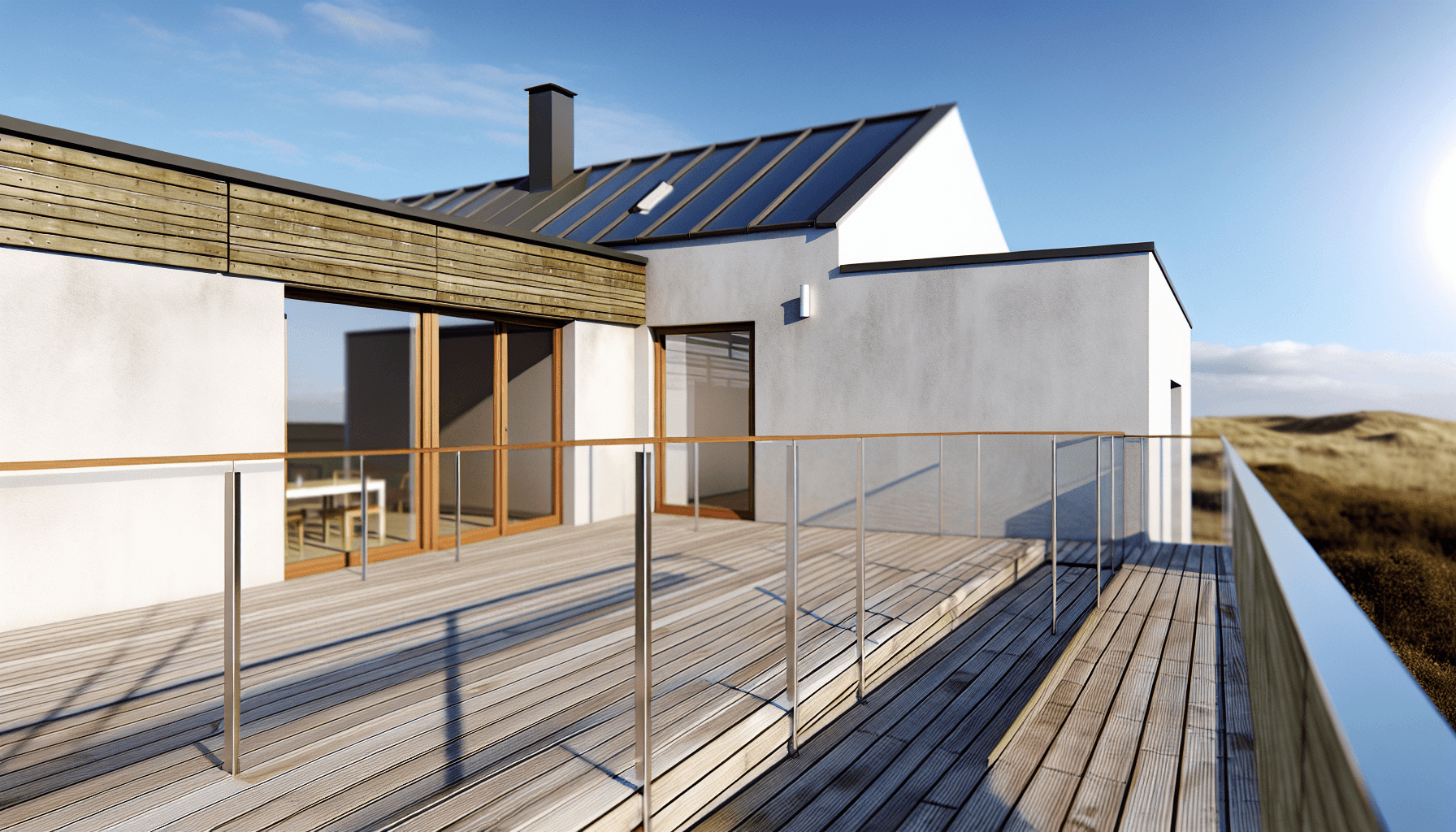 Moderne tagterrasse med træ-dæk og glasværn på dansk villa