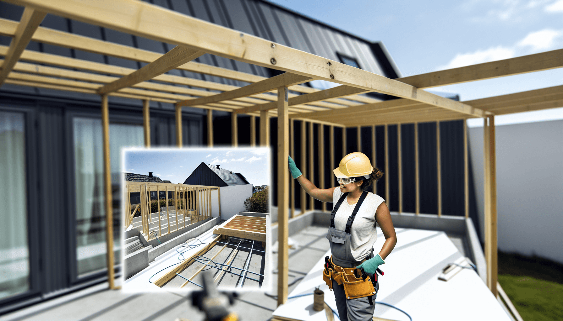 Håndværker installerer tagterrasse konstruktion