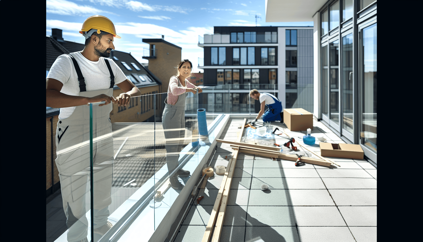 Håndværkere installerer rækværk på tagterrasse