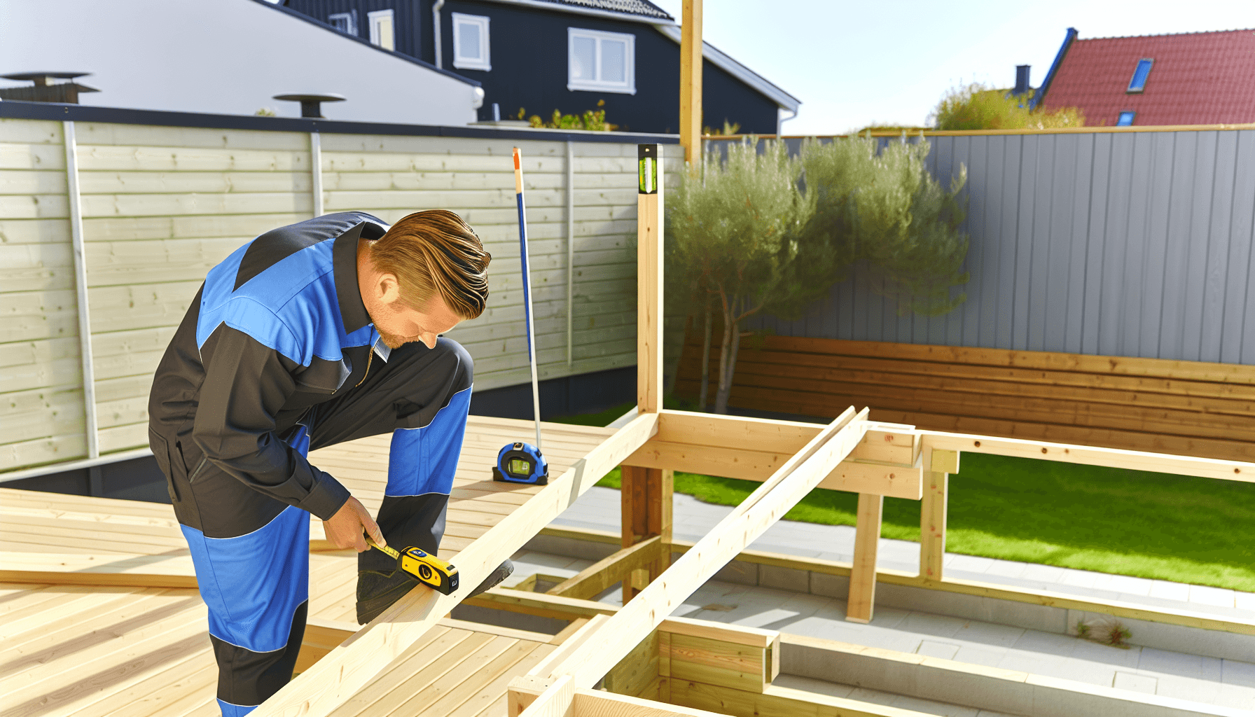 Håndværker måler og planlægger terrasse