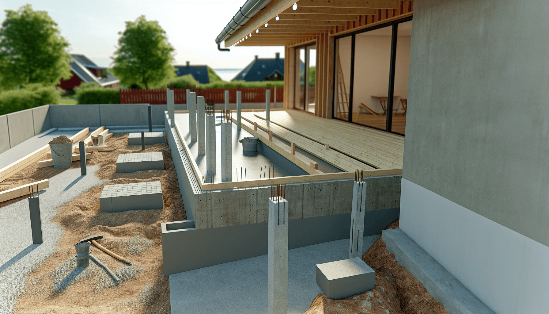 Terrasse under konstruktion med fundament
