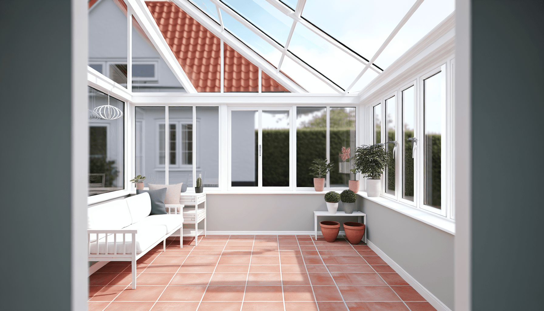 Lyst orangeri tilbygning med danske møbler