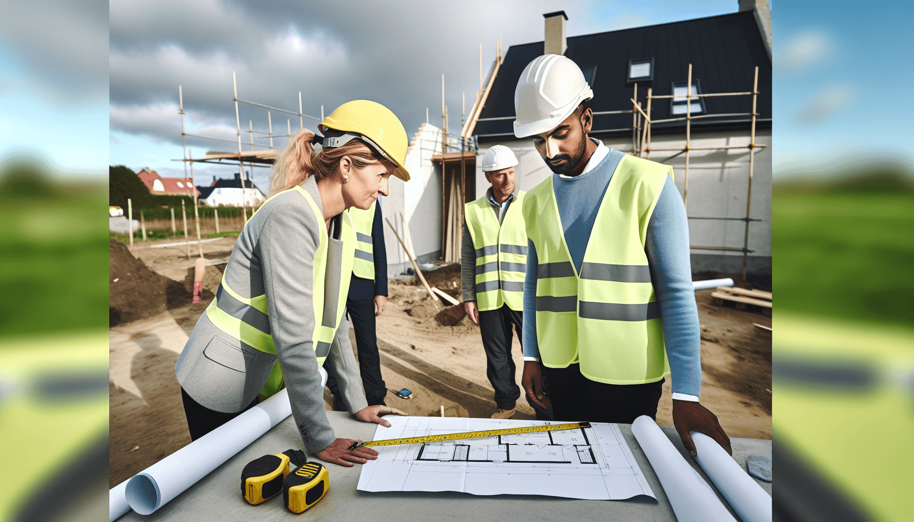 Håndværkere planlægger tilbygning på byggeplads