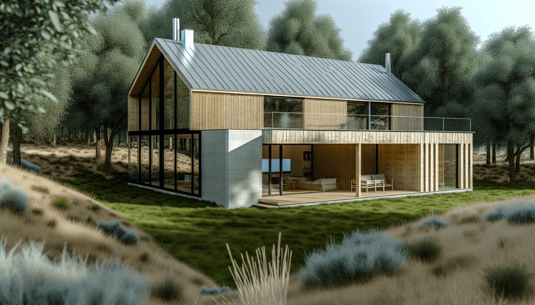 Moderne sommerhus med elegant tilbygning i træ og glas