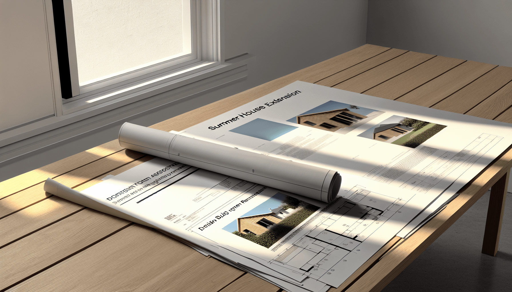 Arkitekttegninger og byggetilladelse på skrivebord