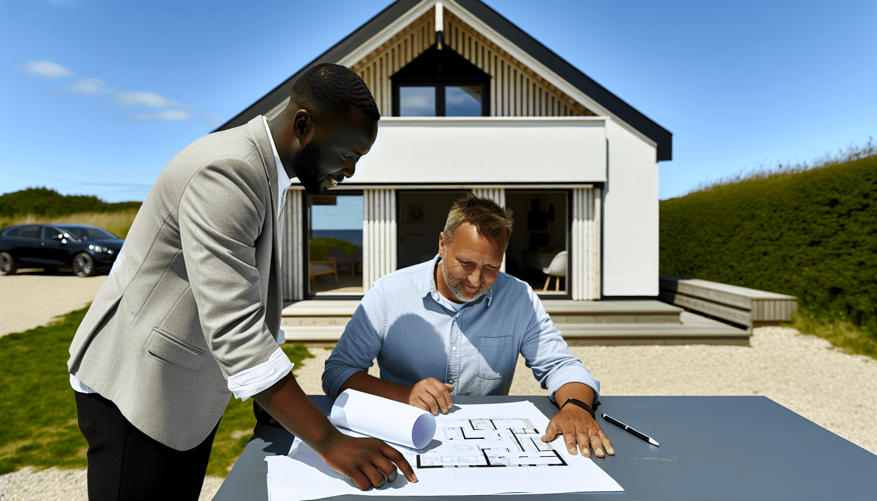 Håndværker og husejer gennemgår tegninger foran sommerhus