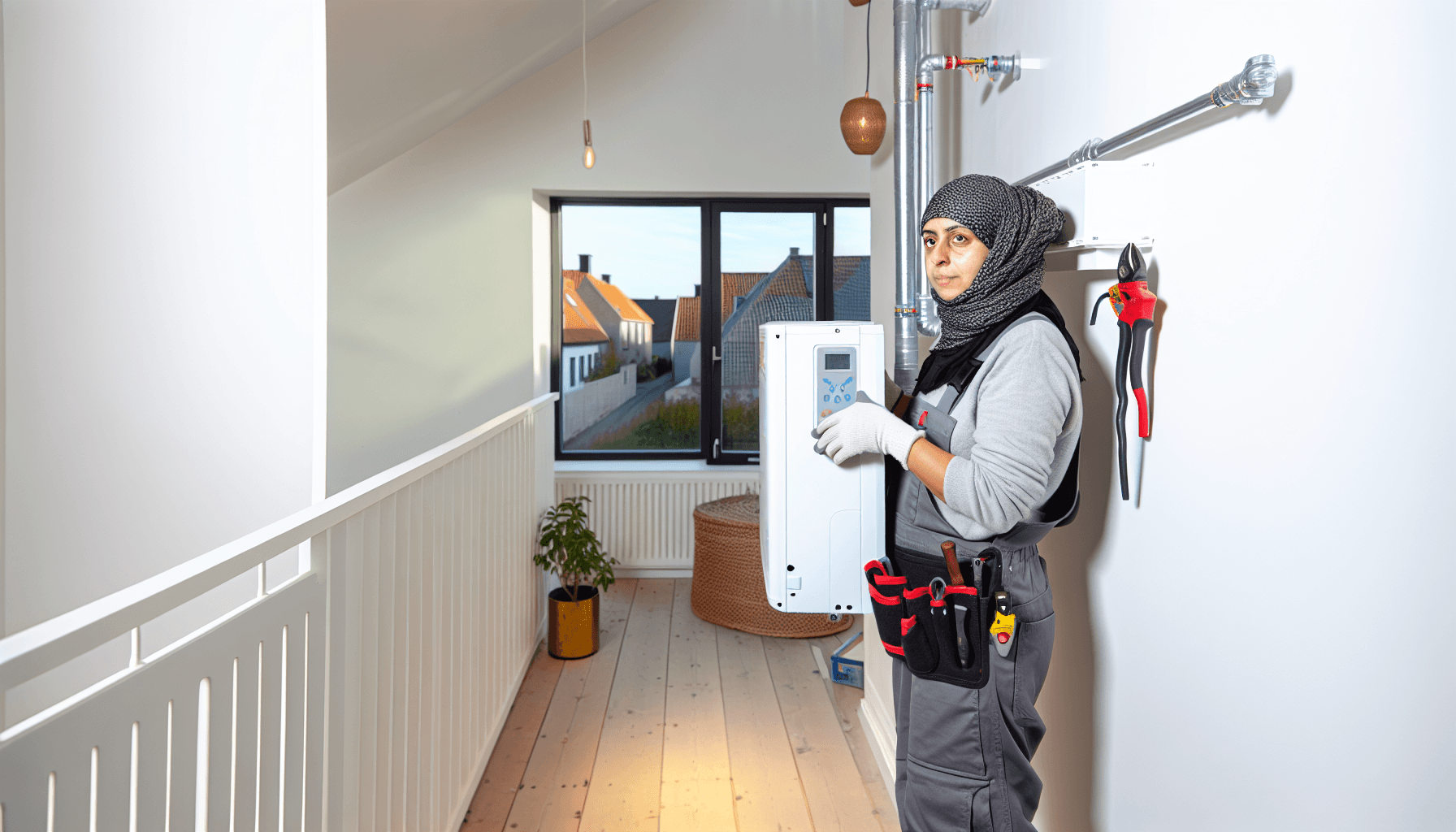 Håndværker installerer luft-til-vand varmepumpe