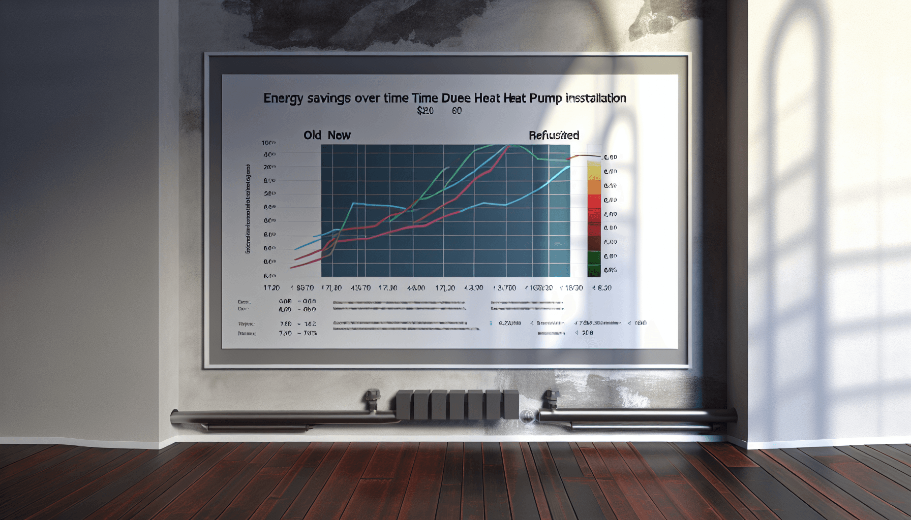 Graf viser energibesparelser over tid med varmepumpe