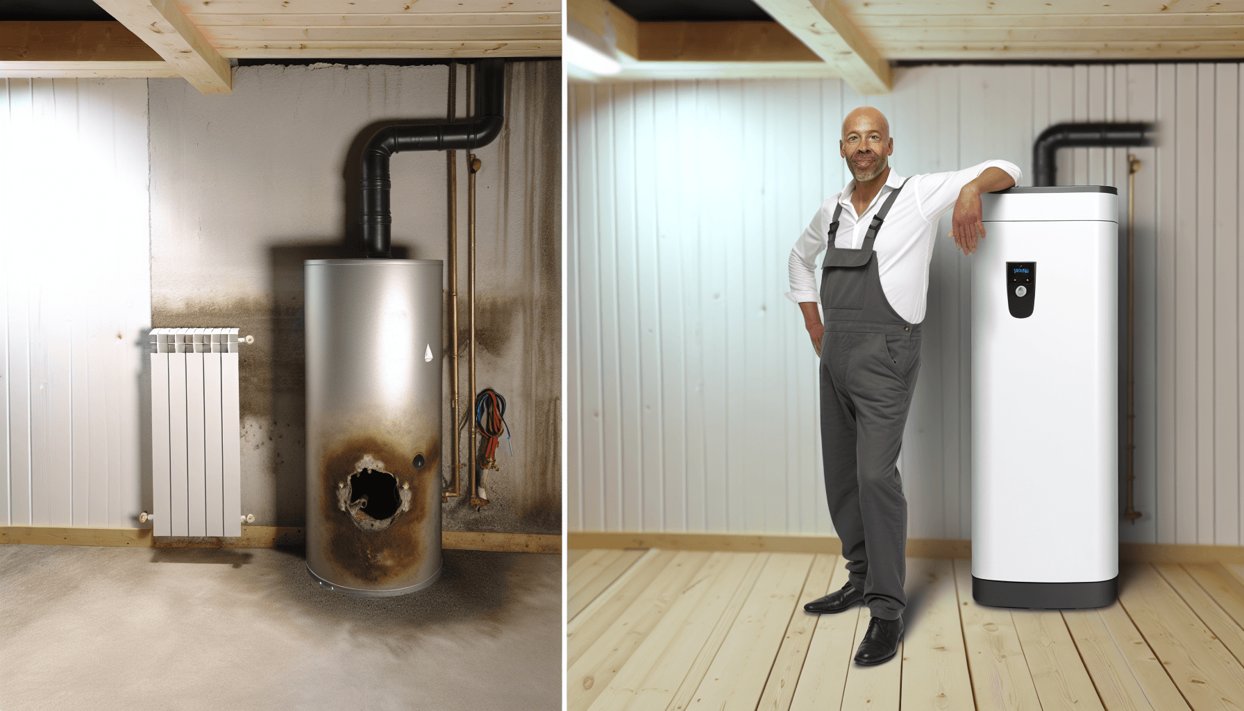 Moderne varmepumpe der udskifter gammelt oliefyr i dansk kælderrum