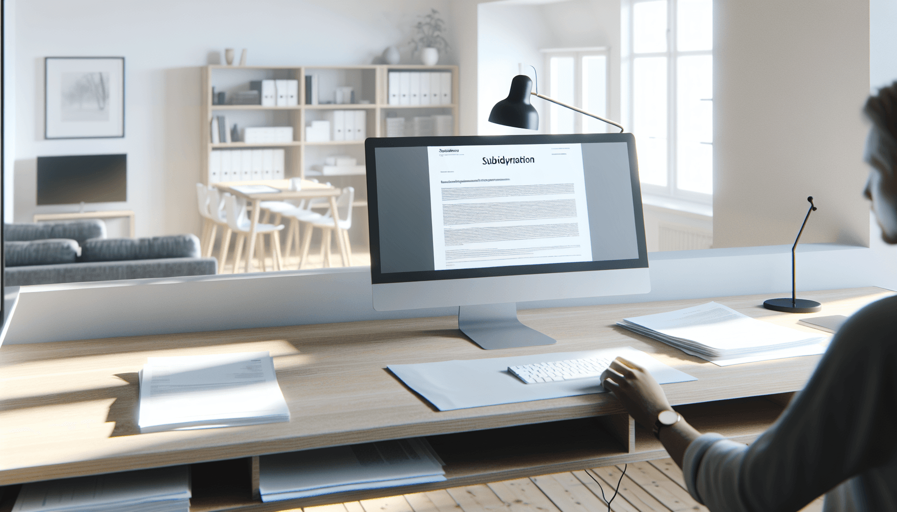 Person der udfylder tilskudsansøgning på computer med dokumenter på bordet