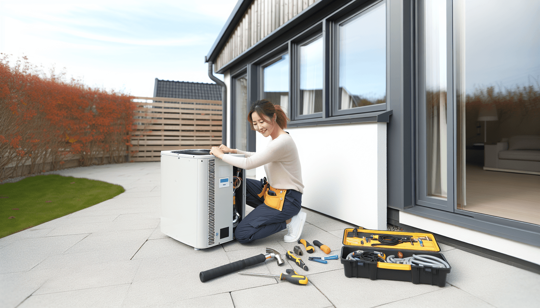 Håndværker der installerer ny varmepumpe udenfor dansk villa