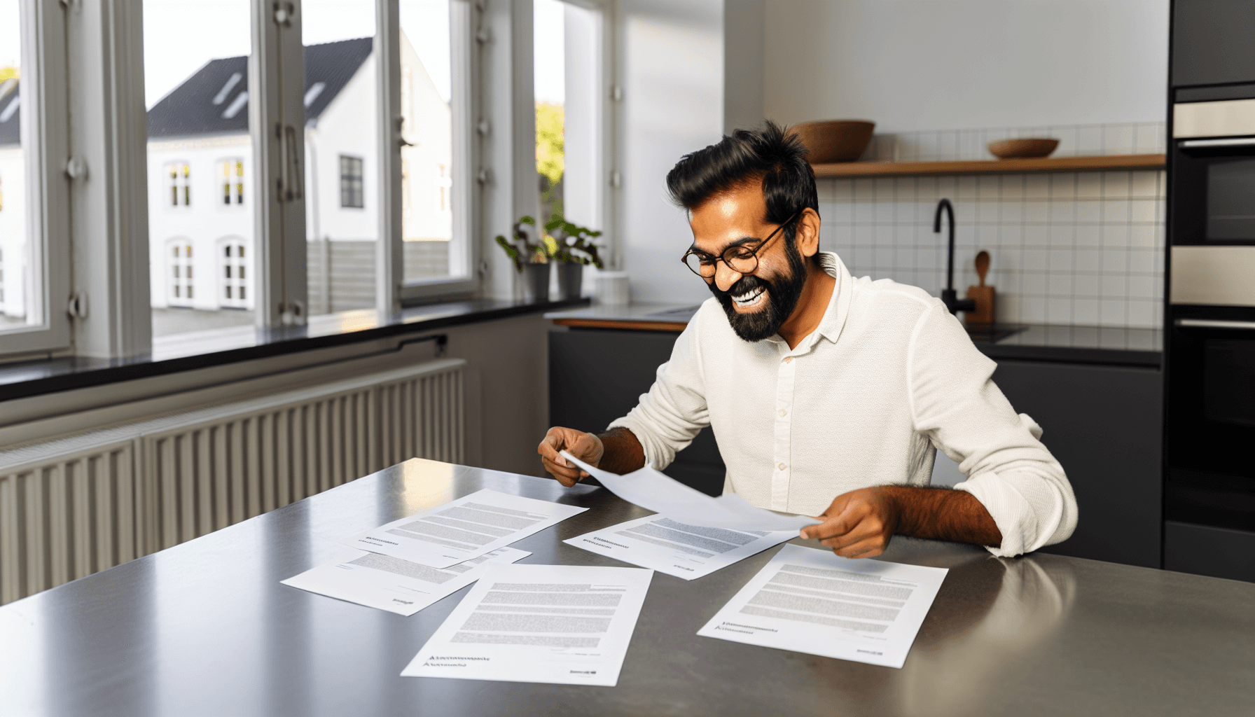 Tilsagnsbrev og dokumenter på køkkenbord med glad husejer