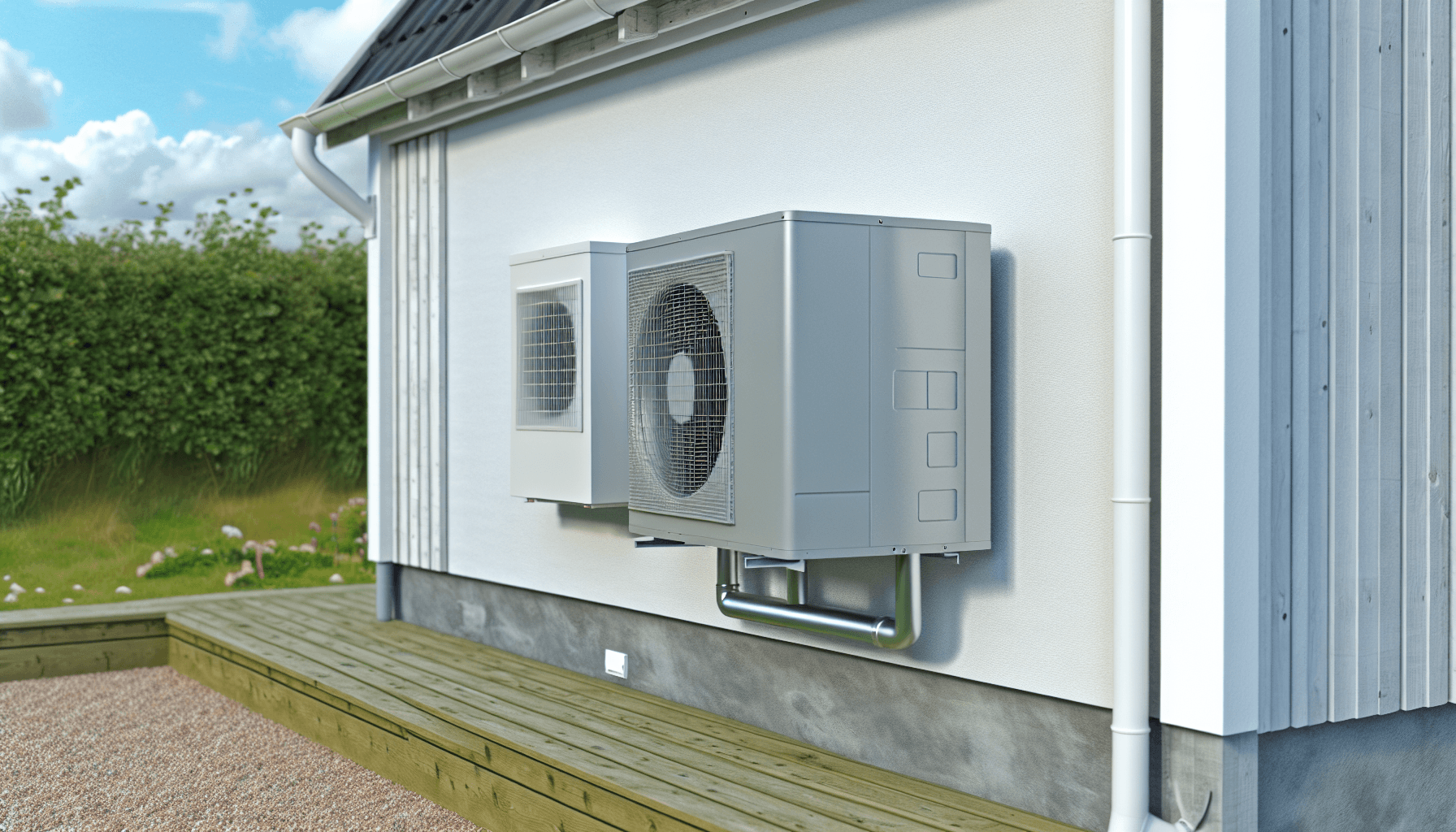 Moderne luft-til-luft varmepumpe monteret på sommerhus væg