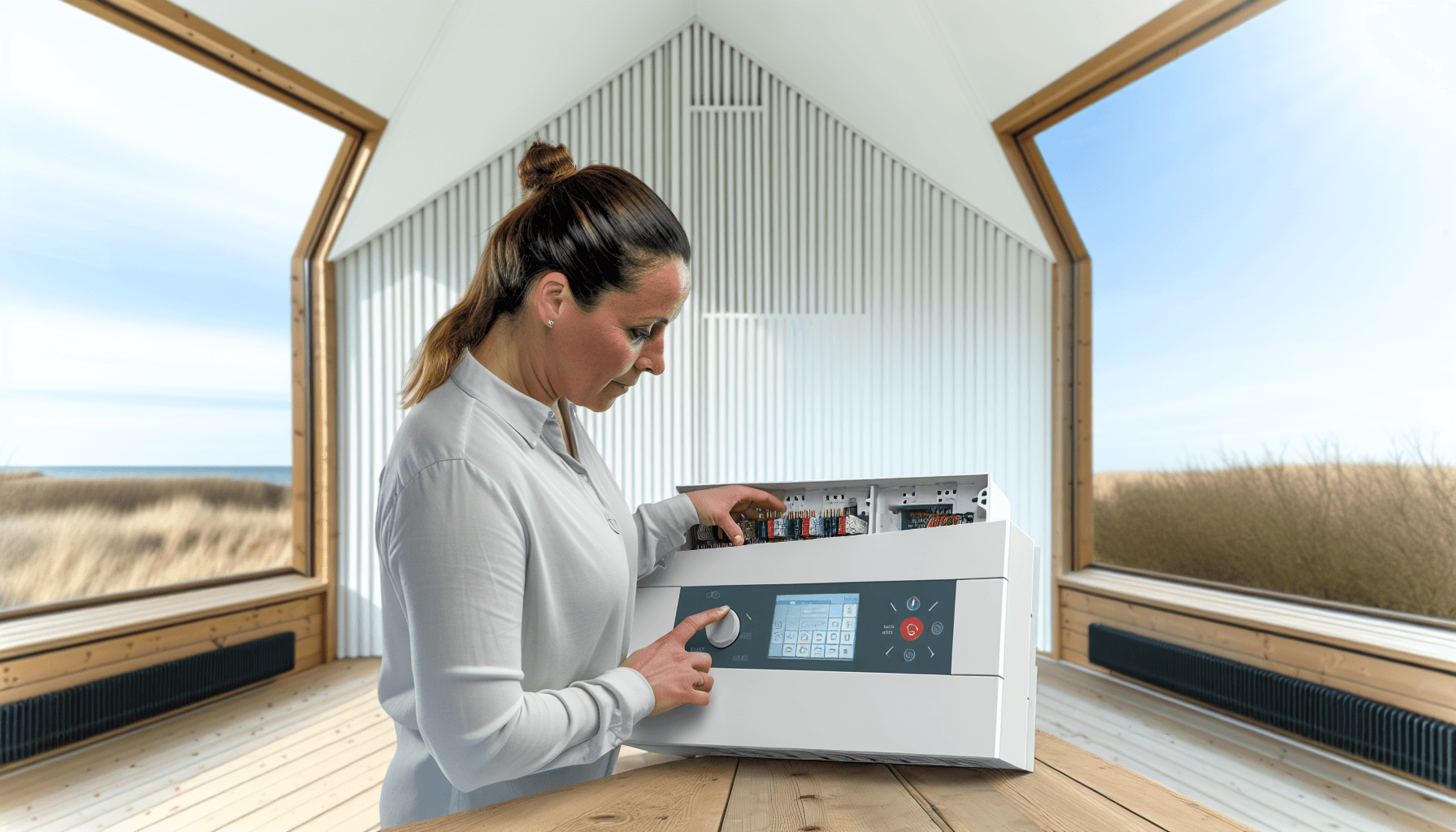 Tekniker justerer indstillinger på ny varmepumpe