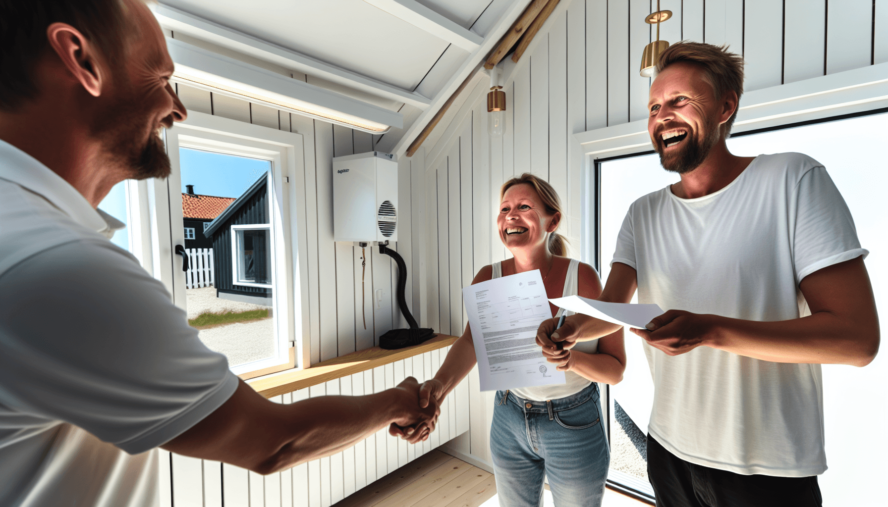 Glædeligt sommerhuspar modtager nøgler til deres nye varmepumpe system