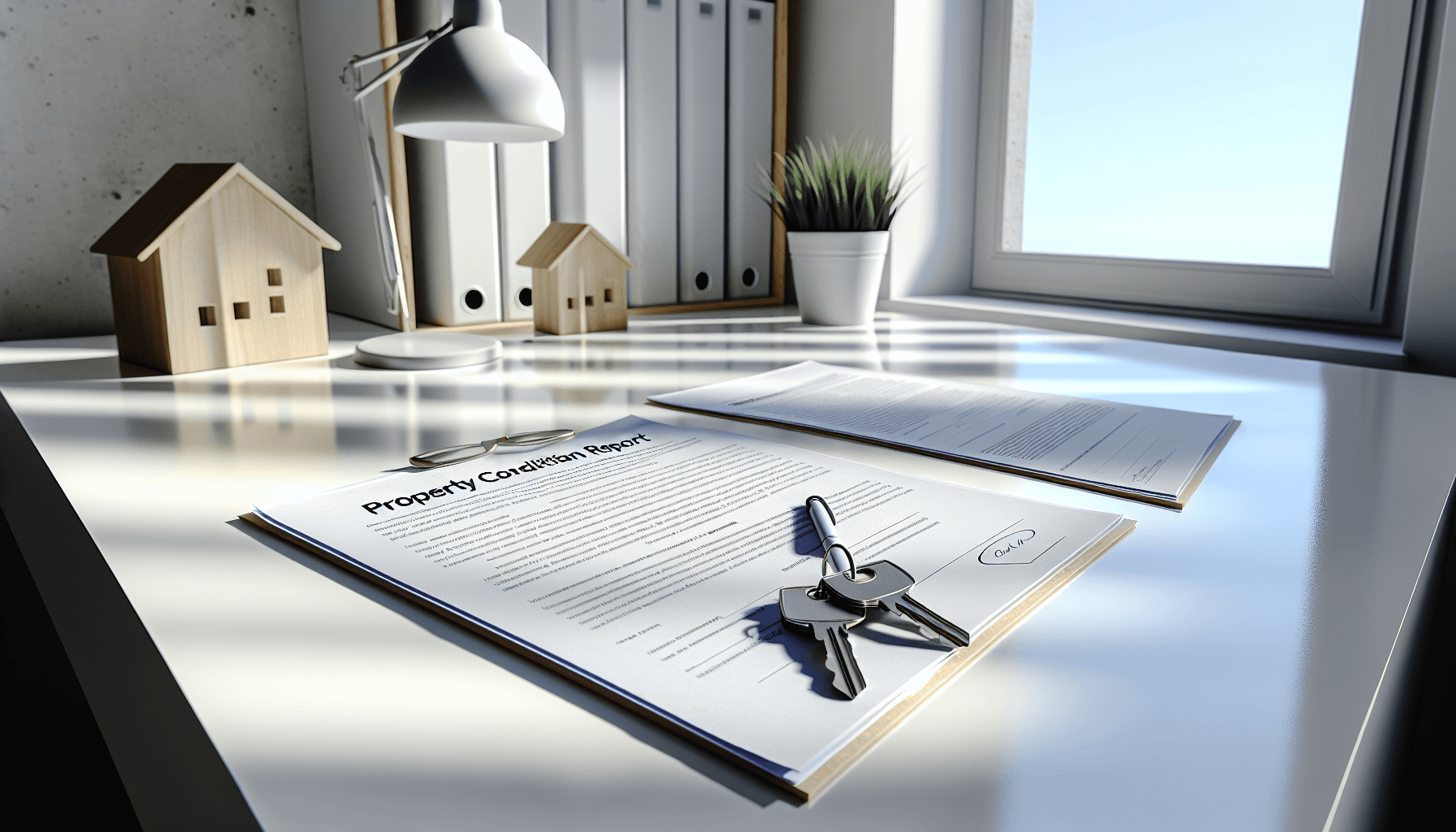 Professionel tilstandsrapport på skrivebord med nøgler og huspapirer