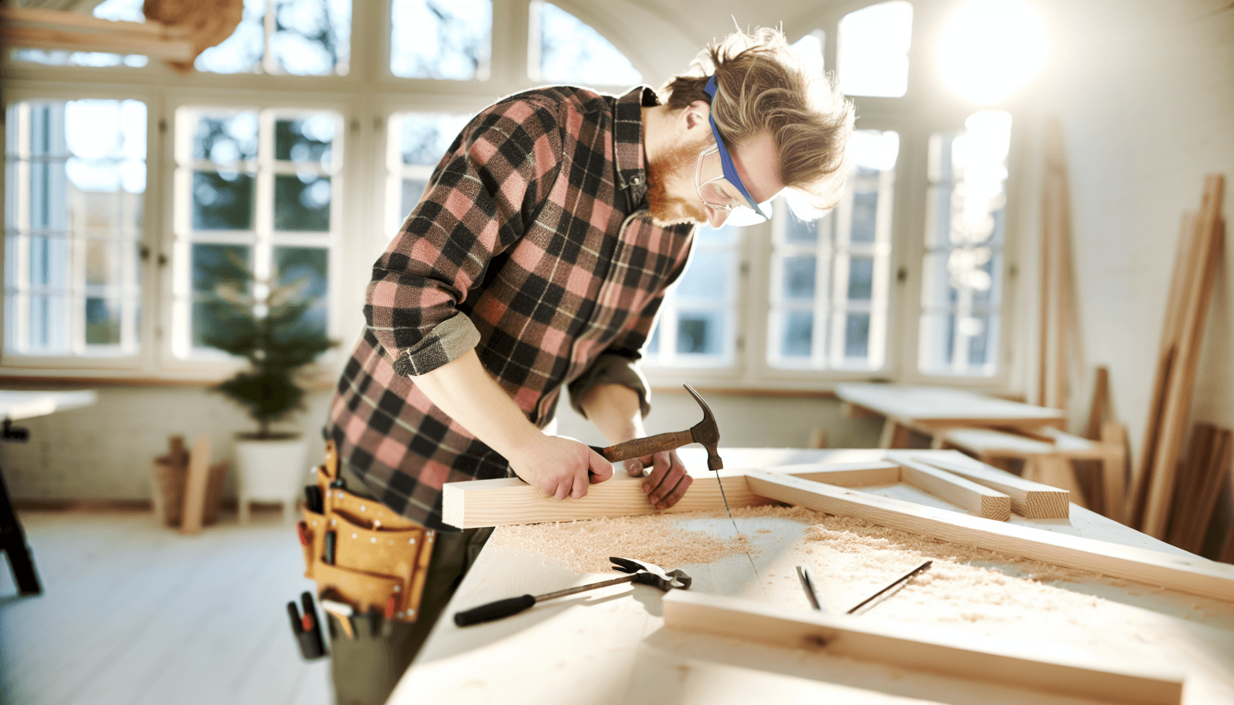 Professionel tømrer arbejder med træ i moderne værksted