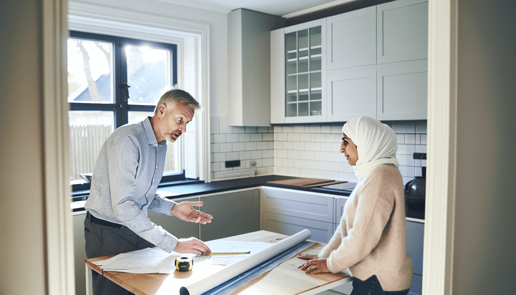 Tømrer måler og planlægger nyt køkken med kunde