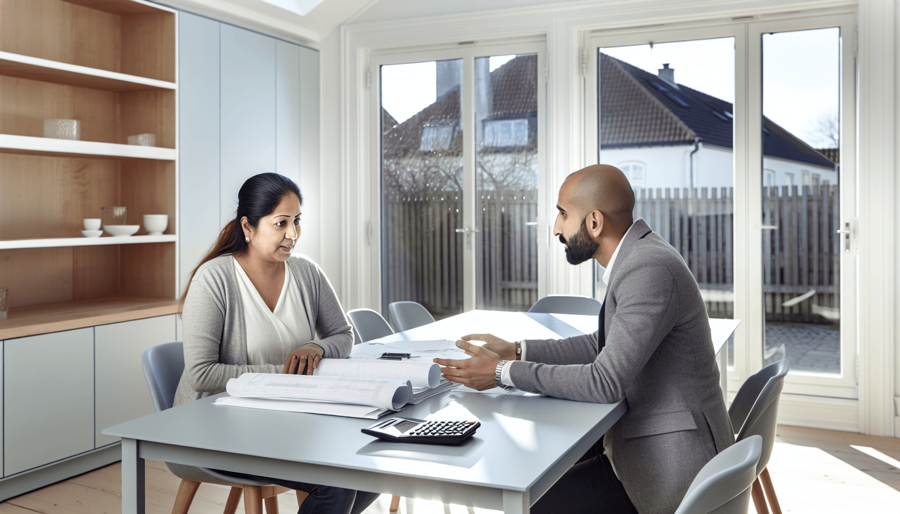 Tømrer og kunde gennemgår kontrakt og priser