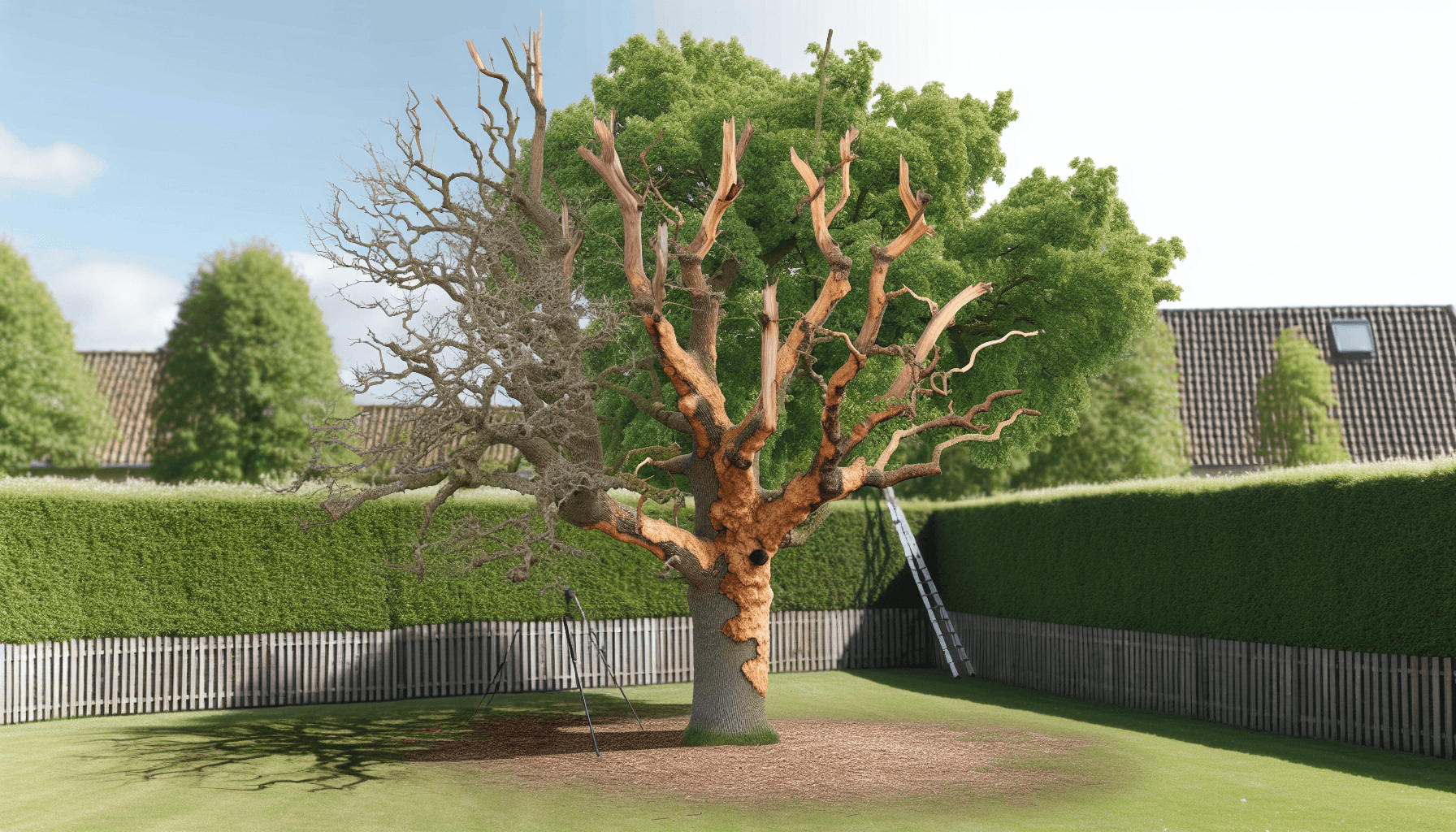 Sygt træ med synlige skader og svampe