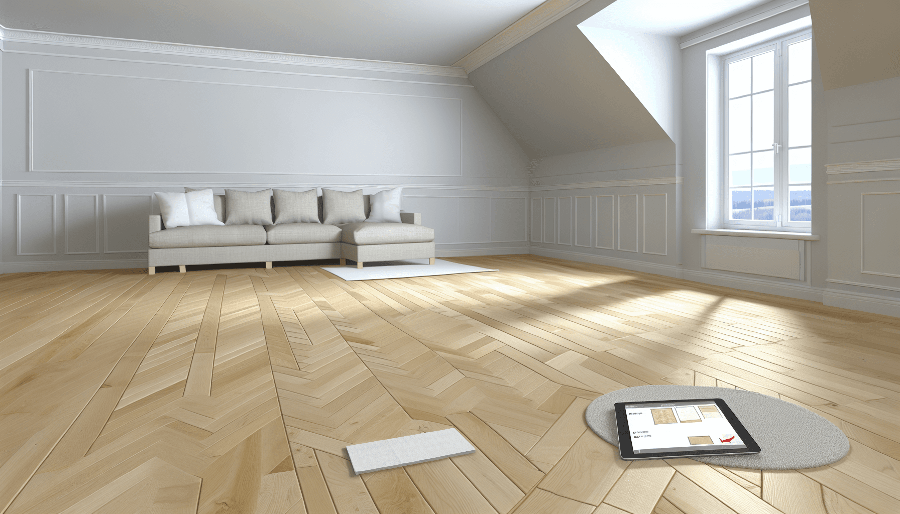 Moderne stue med nylagt parketgulv og prisguide på skærm