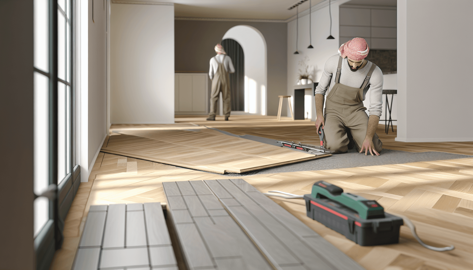 Professionel gulvlægger installerer parketgulv med moderne værktøj