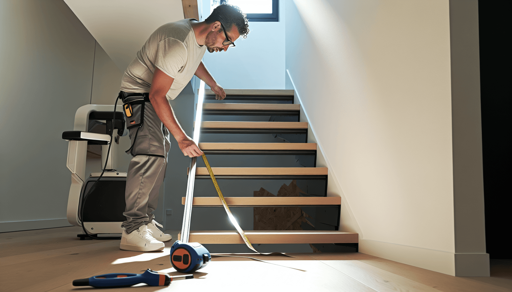 Håndværker måler trappebredde med målebånd under installation