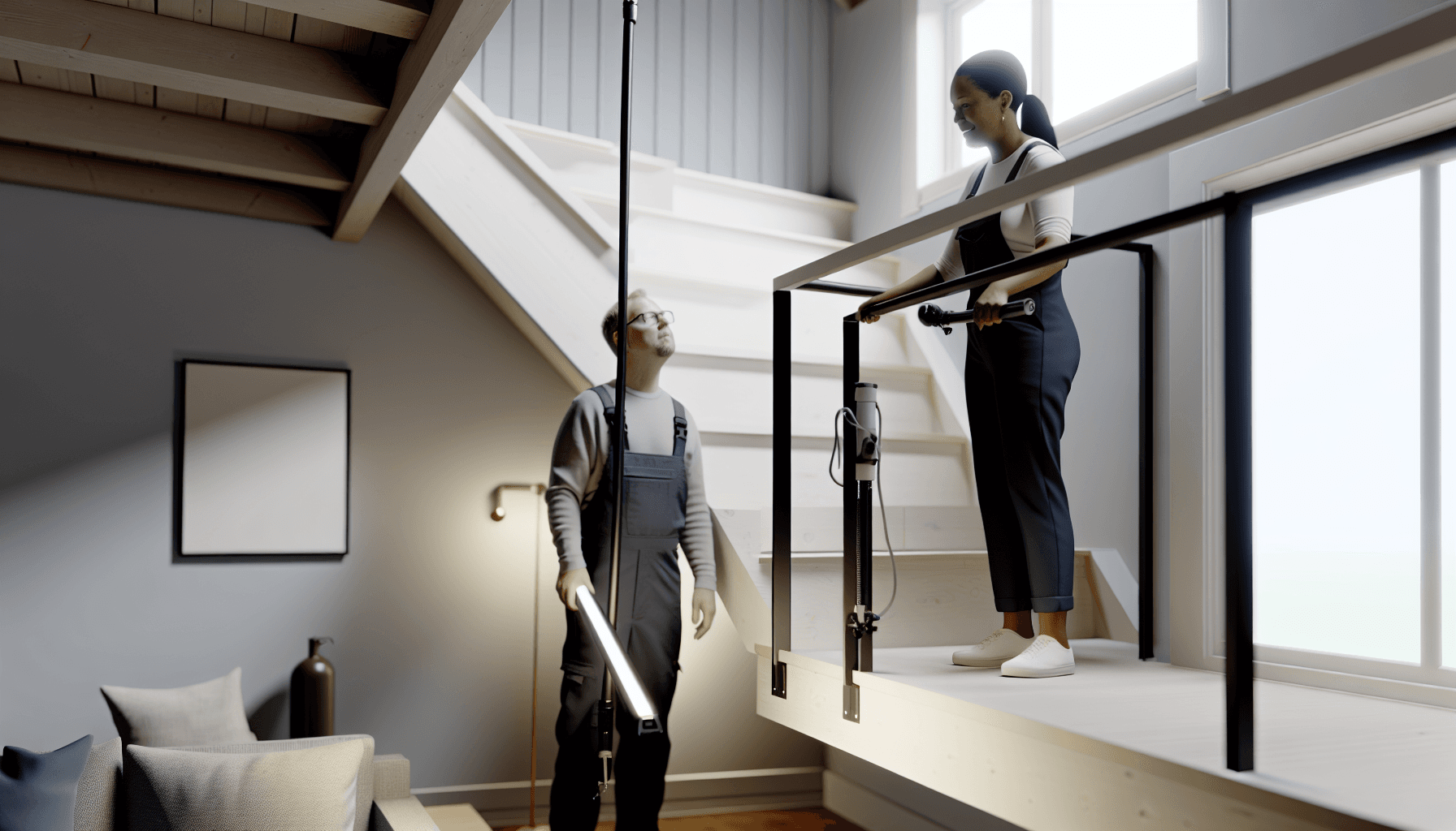 To fagfolk installerer skinne på trappe i dansk hjem