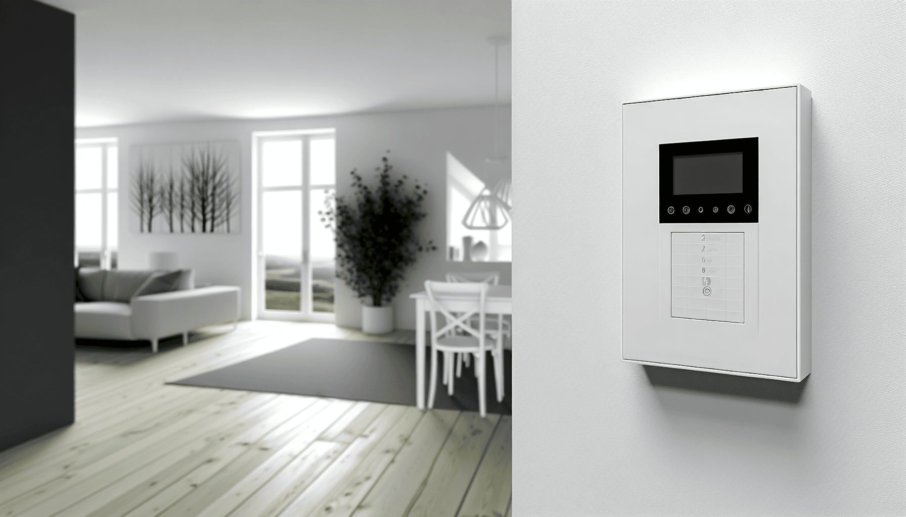 Moderne tyverialarm kontrolpanel monteret på væg i dansk hjem