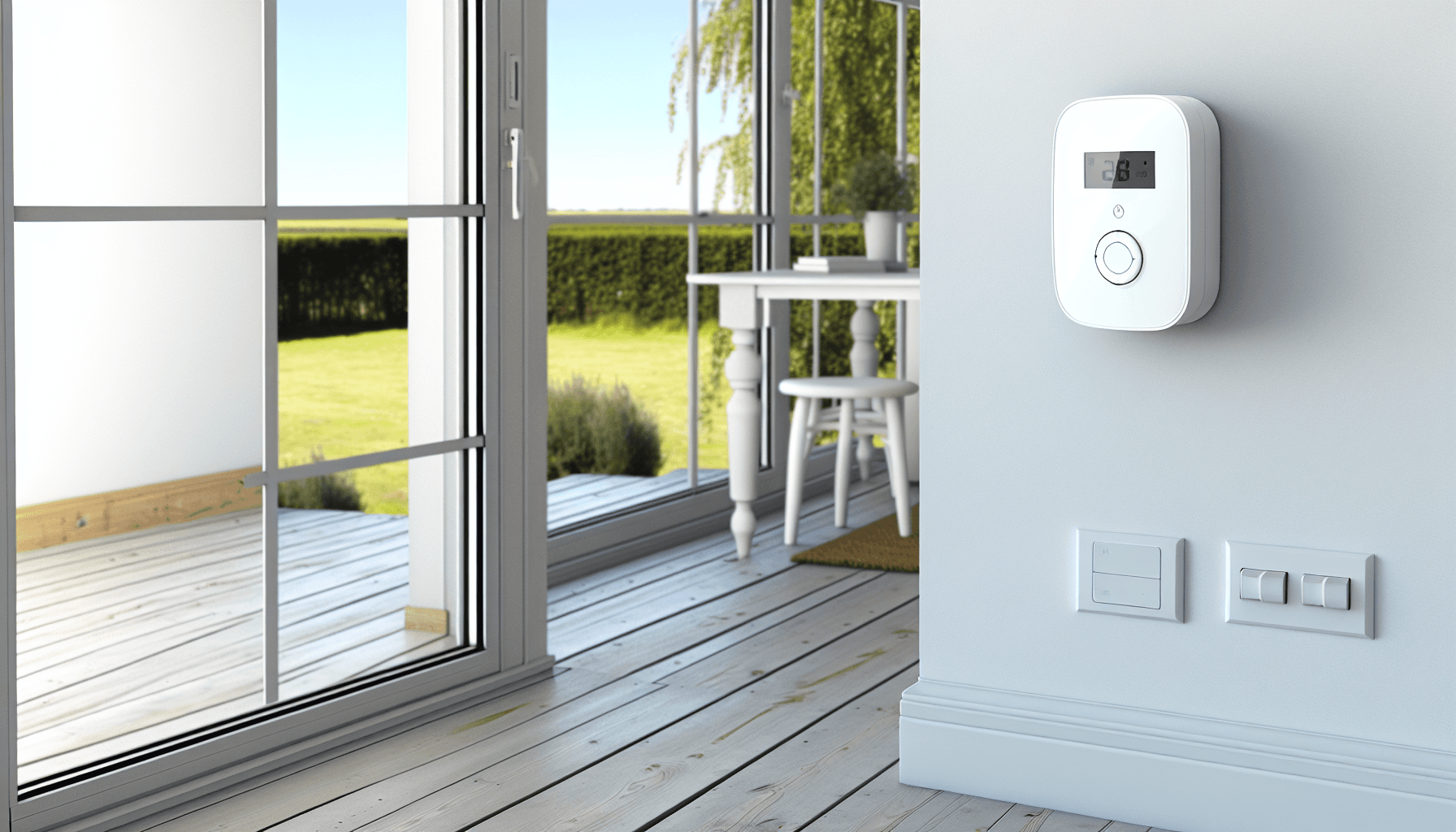 Trådløs tyverialarm sensor monteret på vindue i dansk bolig