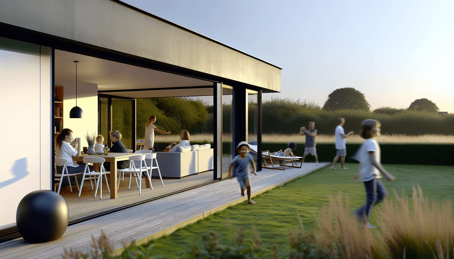 Fleksibel udestue med skydevægge åbnet mod haven