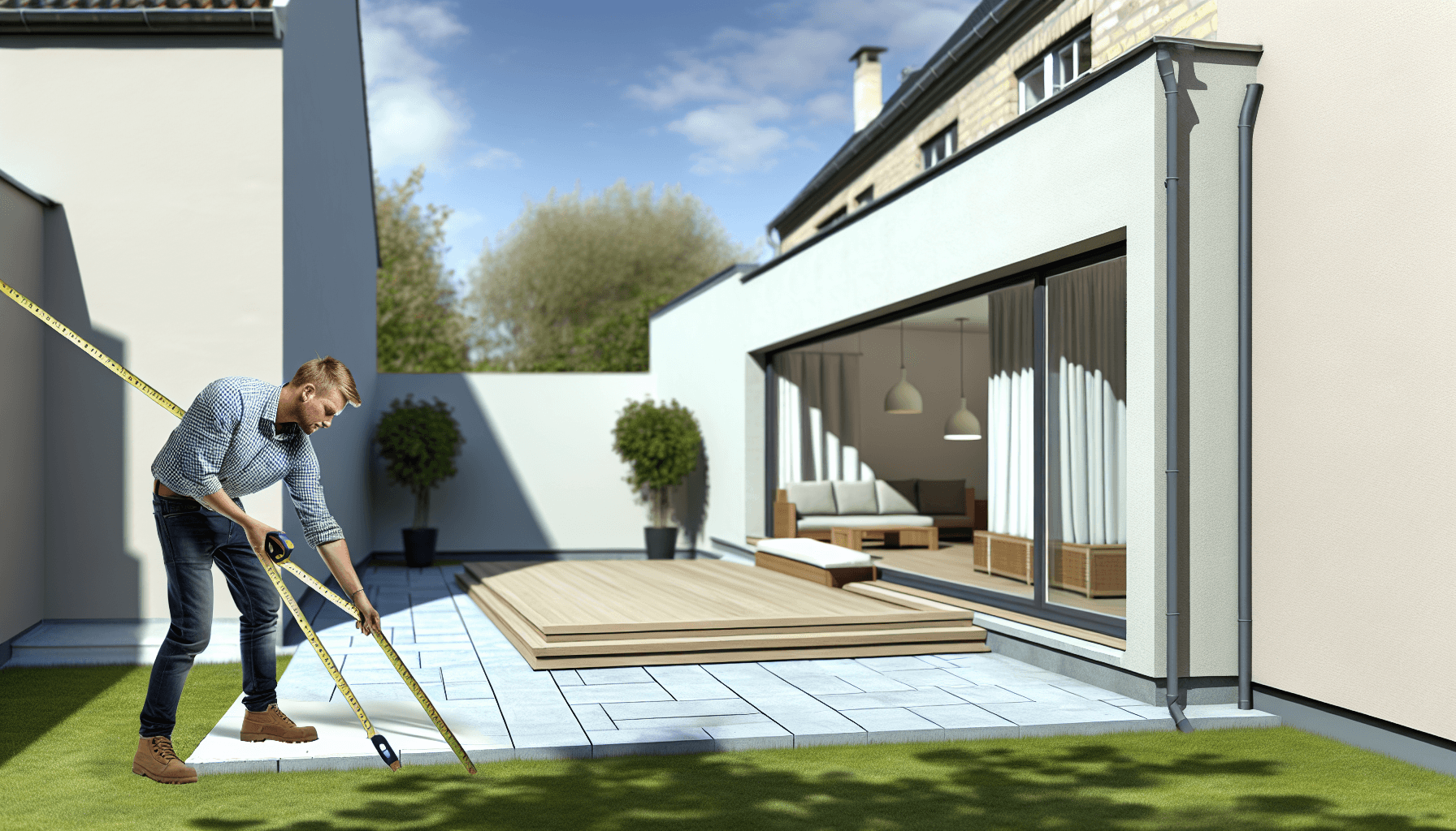 Håndværker der opmåler til udestue installation med digitale værktøjer
