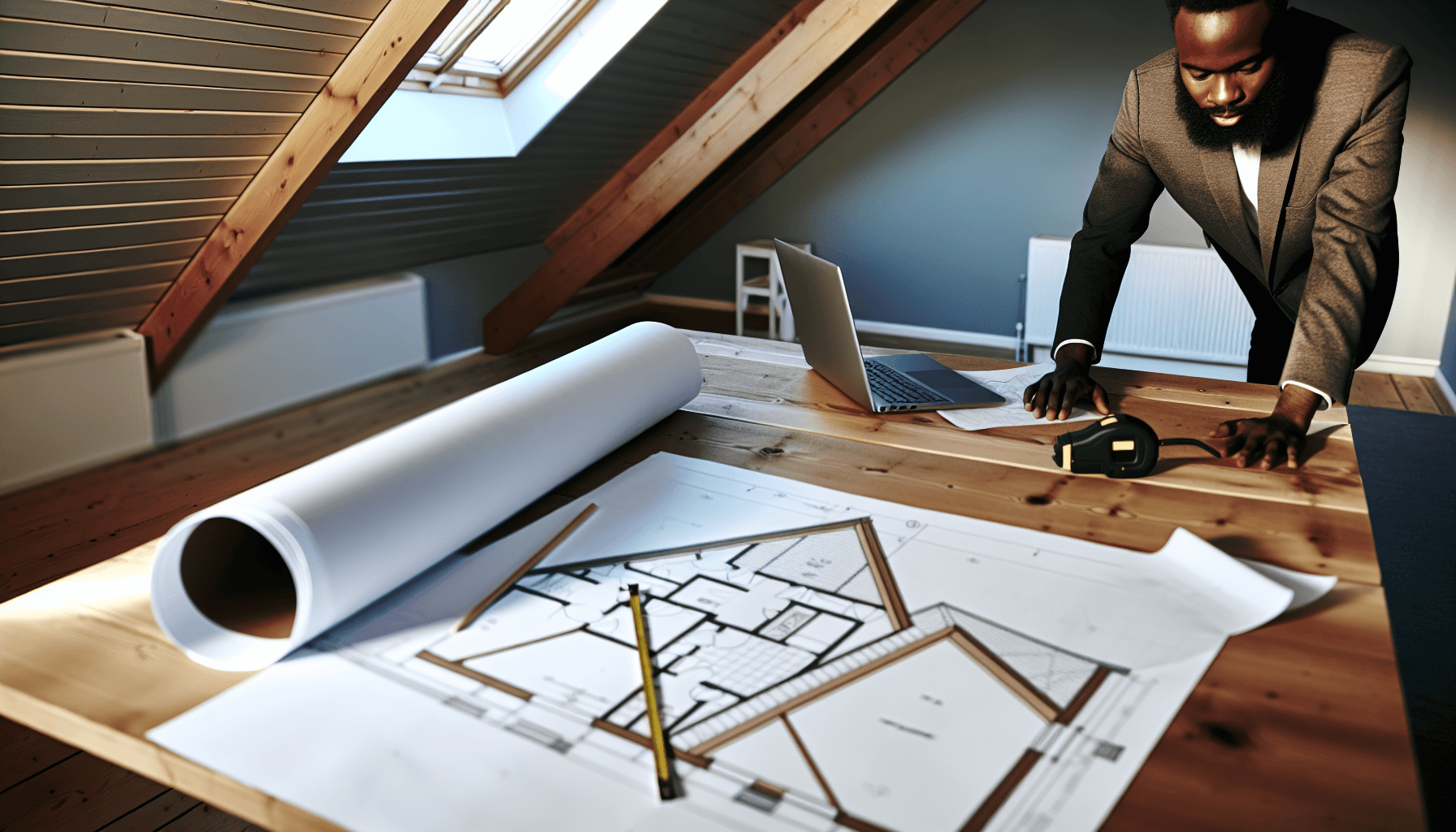 Dansk arkitekt der planlægger tagetage projekt med tegninger og målebånd